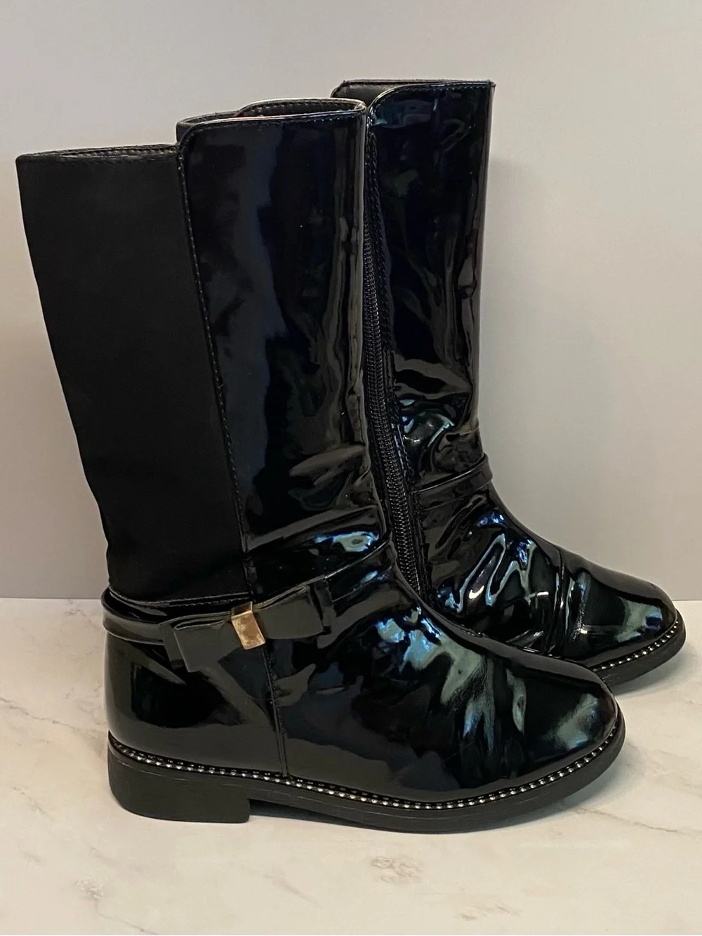 Place Black Patent Jeweled Tall Boots With Side Bow Size 10